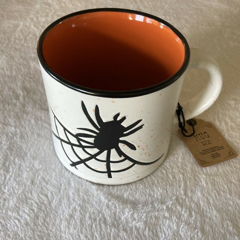Large Global Design Halloween Coffee Mug Black Spider And Web Orange Inside New